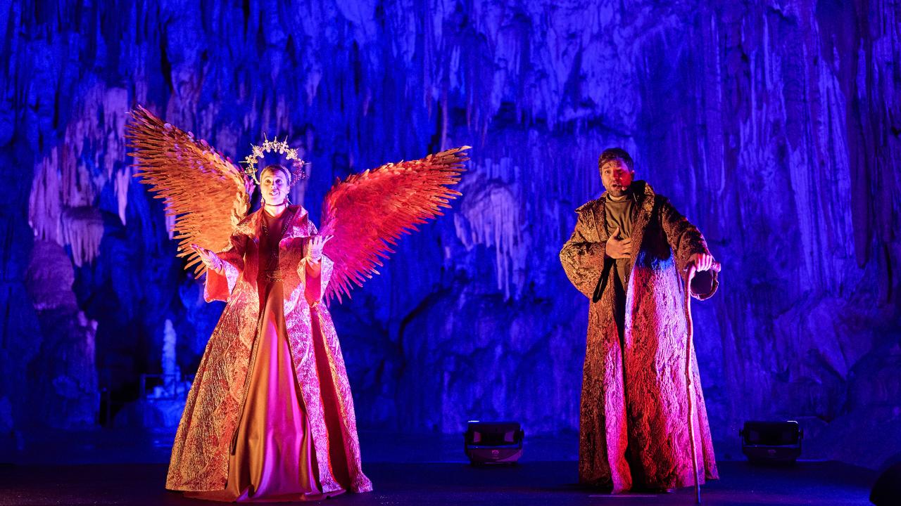 Mojca Bitenc. Domen Krizaj. Living nativity in Postojna Cave 2025. Photo Iztok Medja